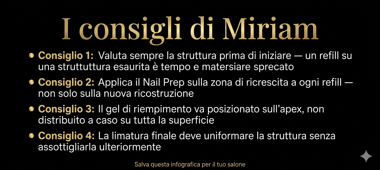 Infografica "I consigli di Miriam" — 4 consigli tecnici per eseguire il refill delle unghie in gel in modo corretto